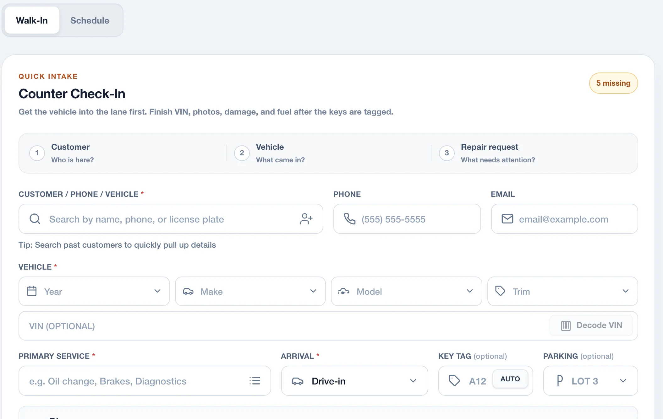 Real WrenchDay counter check-in workflow with fictional placeholders