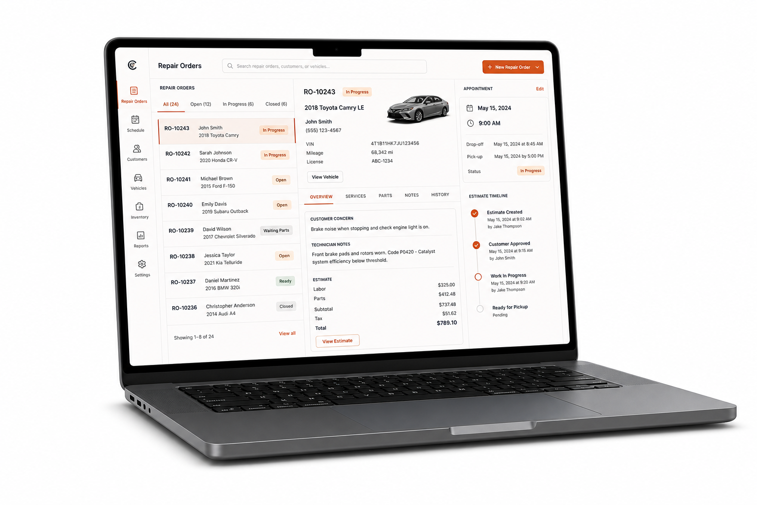 WrenchDay repair order workspace displayed on a laptop