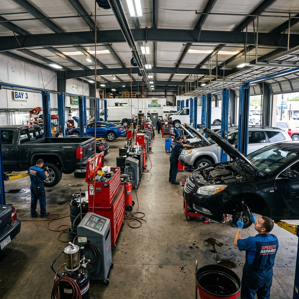 A busy independent automotive repair shop floor